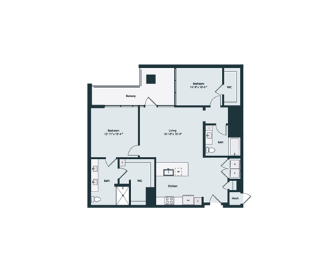Floor plan for 2 beds, 2 baths, 1255 sqft